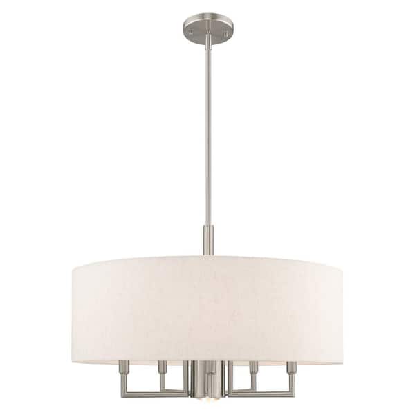 Somerhill 6-Light Brushed Nickel Pendant Chandelier with Oatmeal Fabric Shade