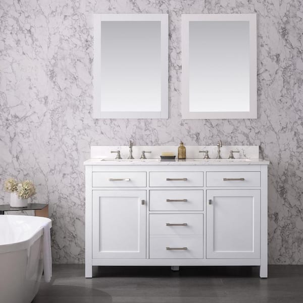 Jasper 54 in. W x 22 in. D Bath Vanity in White with Engineered Stone Vanity Top in Carrara White with White Sinks