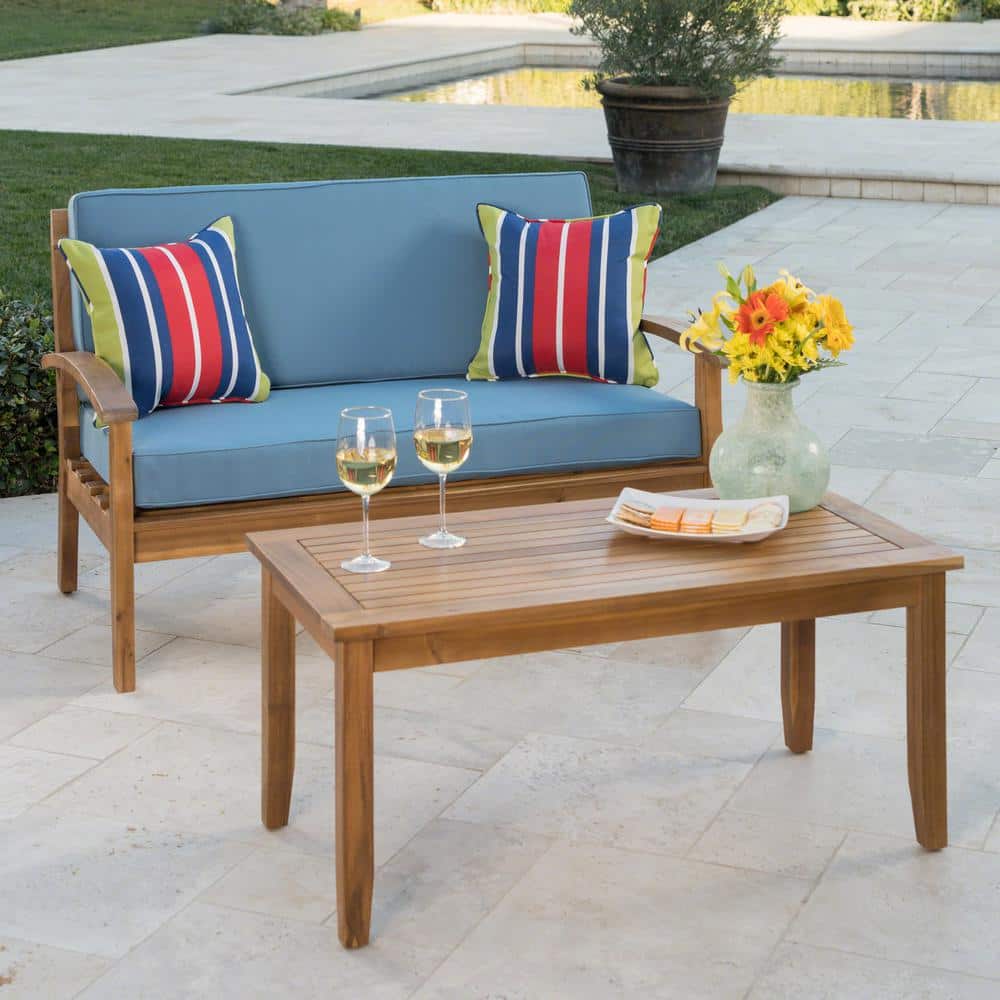 Acacia Wood Loveseat and Coffee Table Set with Blue Cushions