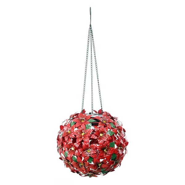 Alpine Corporation 8 in. Dia Solar Christmas Hanging Poinsettia Ornament with LED Light, Red