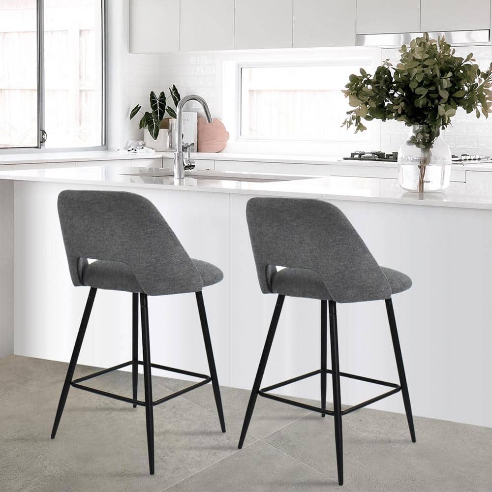 Dark Gray Upholstered Counter Height Stools with Black Metal Frame, Set of 2