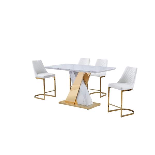 Best Quality Furniture Brenda 5-Piece Rectangle Counter Height Faux Marble Top Dining Set with White Faux Leather Chairs.