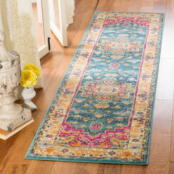 Madison Blue/Multi 2 ft. x 8 ft. Border Runner Rug
