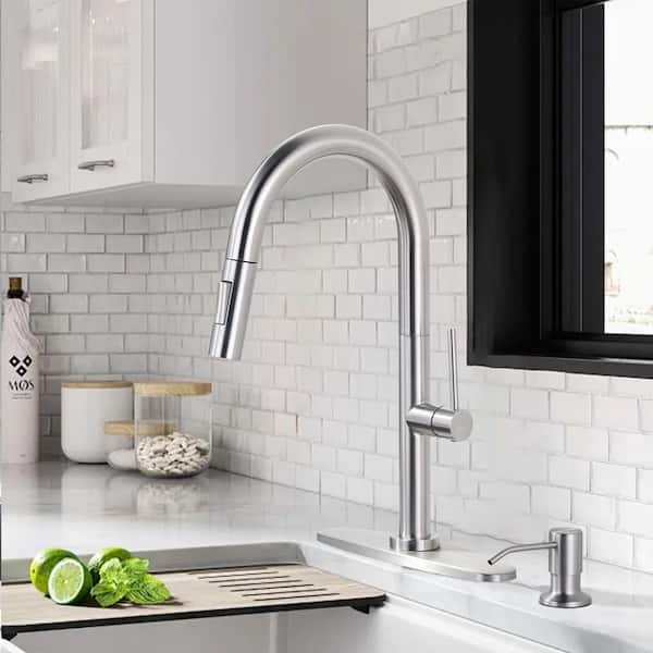 2-Functions Stainless Steel Single Handle Pull Down Sprayer Kitchen Faucet with Soap Dispenser in Brushed Nickel