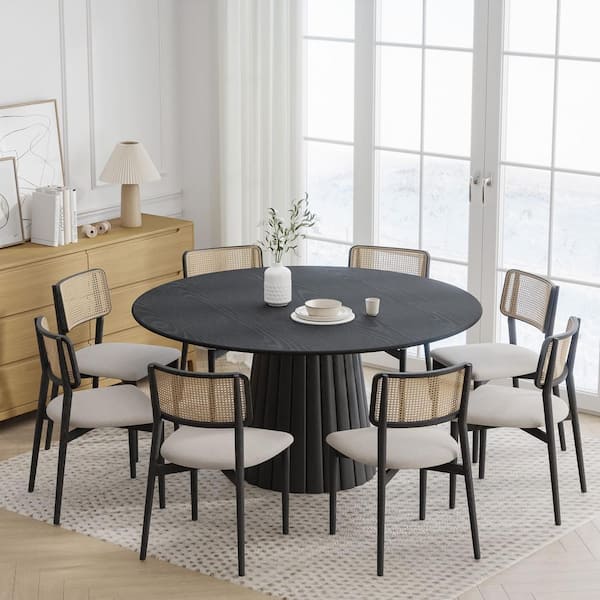 Dovelina 60 in. Natural Oak Wood Black Color Column Pedestal Round Kitchen Table Dining Table Seats 6