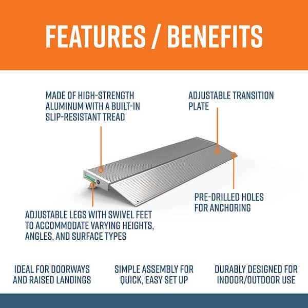 TRANSITIONS Aluminum Threshold Ramp with Adjustable Height up to 2.75 in., 12 in. L x 36 in. W