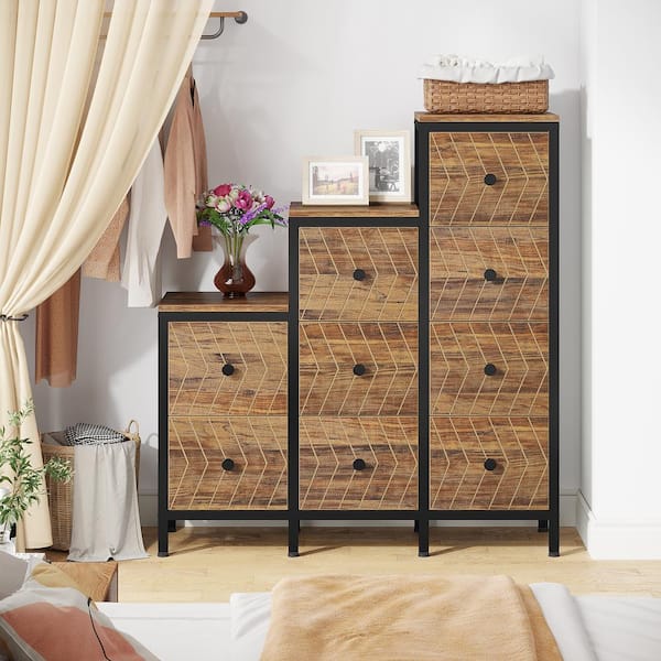 BYBLIGHT Atencio 9-Drawer Brown Wood 38.58 in. W Cubby Step Chest of Drawers Pedestal File Cabinet