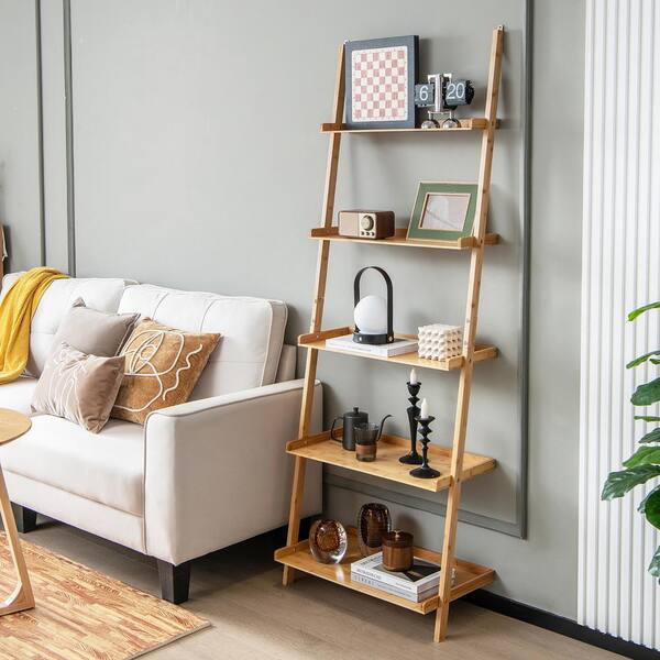 Costway 72 in. Tall Natural Bamboo 5 Shelf Ladder Shelf Wall Leaning Display Bookcase Storage Rack 2 Pieces 2 M1C 10N373NA The Home Depot