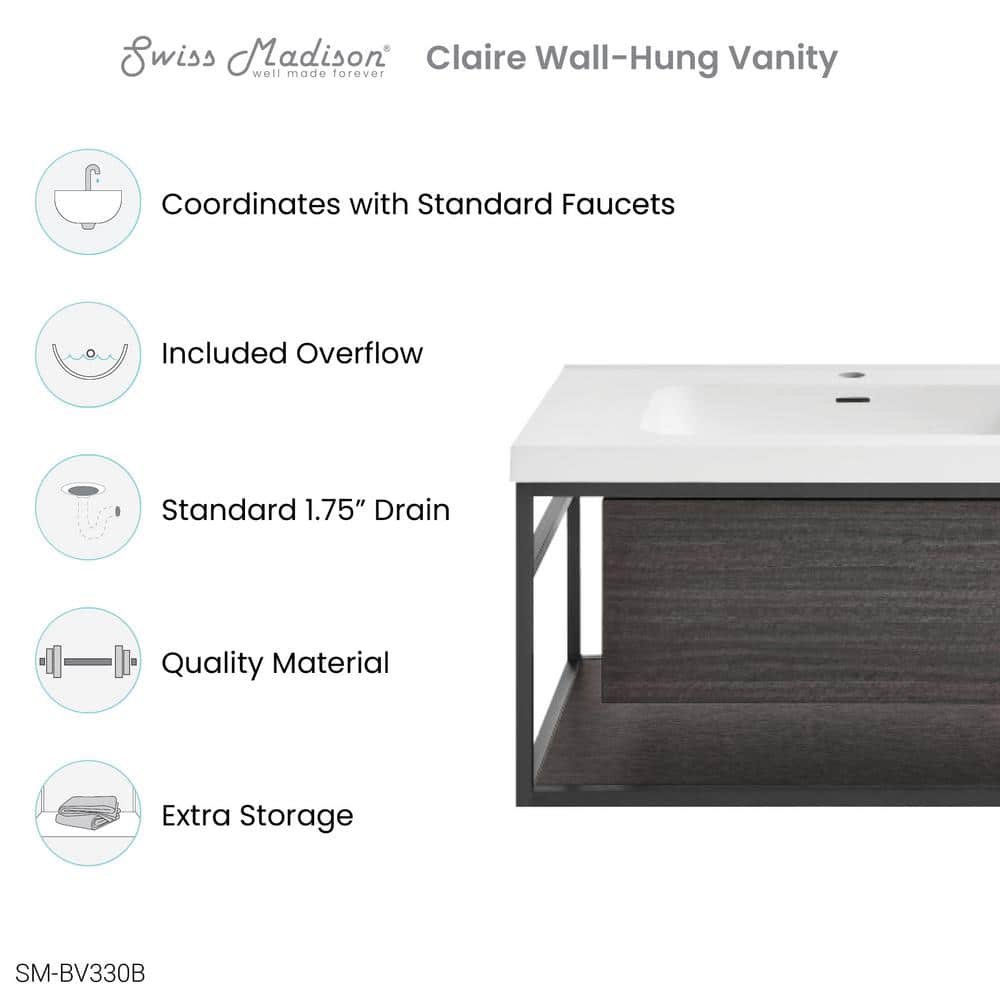 Claire 30" Black Ceramic Wall-Hung Vanity with Open Shelf