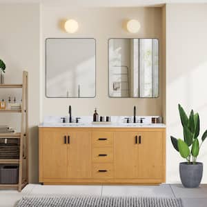 Perla 72 in. W x 22 in. D x 34 in. H Double Bath Vanity in Natural Wood with Grain White Composite Stone Top and Mirror