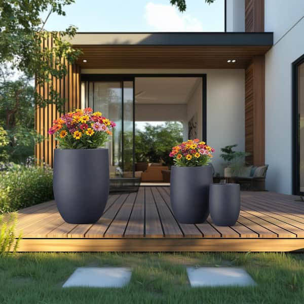 Sapcrete 9.5 in., 13 in., 17 in. Granite Gray (Enhanced Interior) Concrete Round Planter / Pot with Drainage Holes (Set of 3)