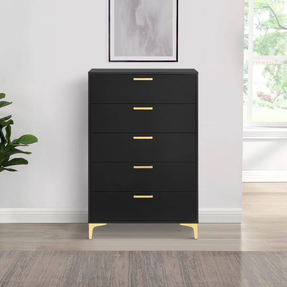 tall dresser with gold hardware Benjara Lif 50 Inch Modern 5 Drawer Tall Dresser Chest, Gold Accents, Smooth Black