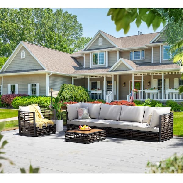Cesicia 7-Piece Metal Outdoor Hollow-Out Patio Conversation Seating Set with Light Gray Cushions