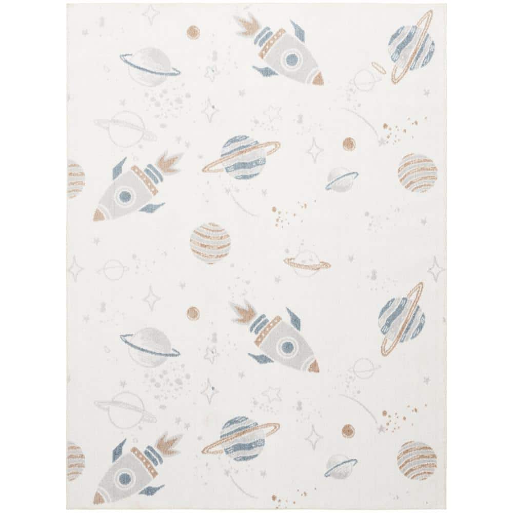 Ivory Multicolor Space Theme Kids Washable Area Rug 5' x 7'