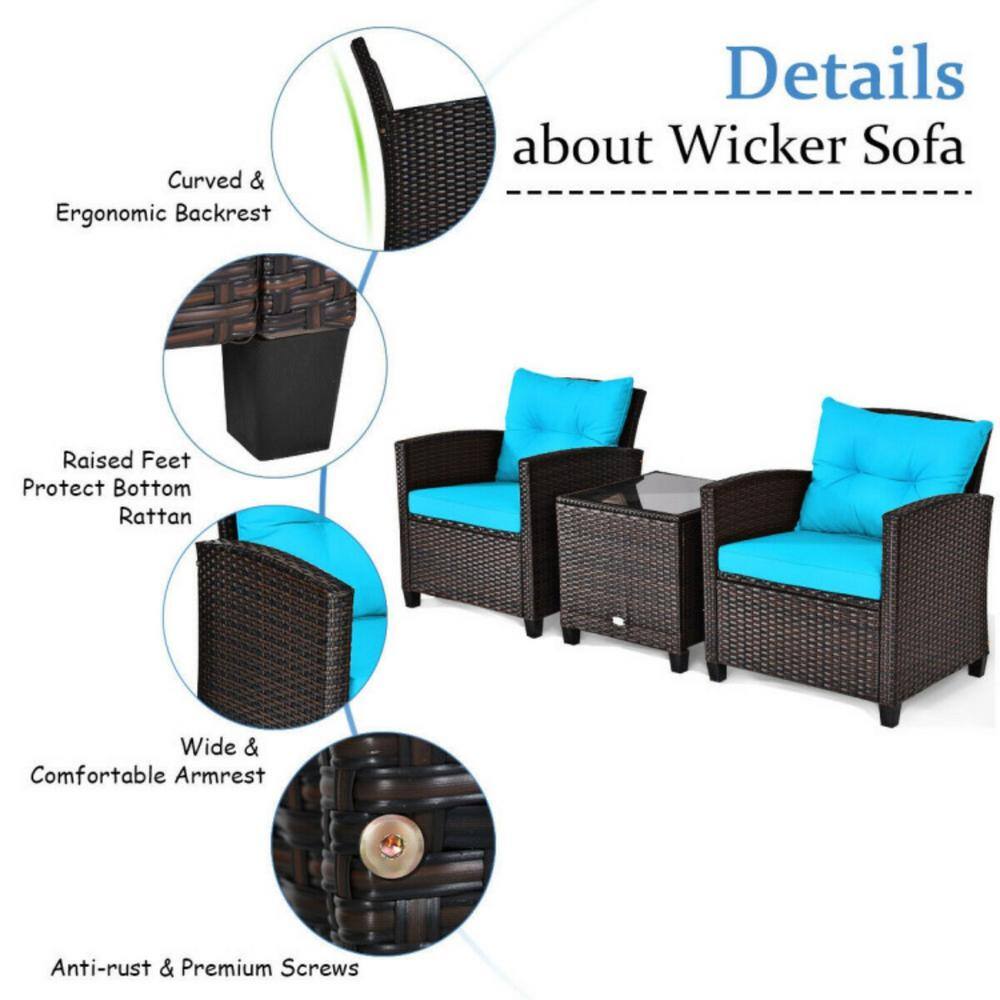Turquoise Cushioned Rattan 3-Piece Patio Conversation Set