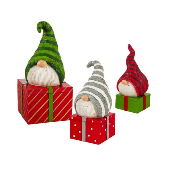 Evergreen Holiday Gnome Gift Box 12.5 in. Garden Statue, Set of 3