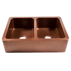 Adams 33 in. Farmhouse Apron Undermount Double Bowl 16 Gauge Antique Copper Kitchen Sink with Maren Bronze Faucet Kit