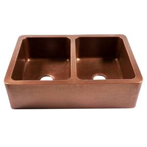 Adams 33 in. Farmhouse Apron Front Undermount Double Bowl 16-Gauge Antique Copper Kitchen Sink with Bronze Faucet Kit