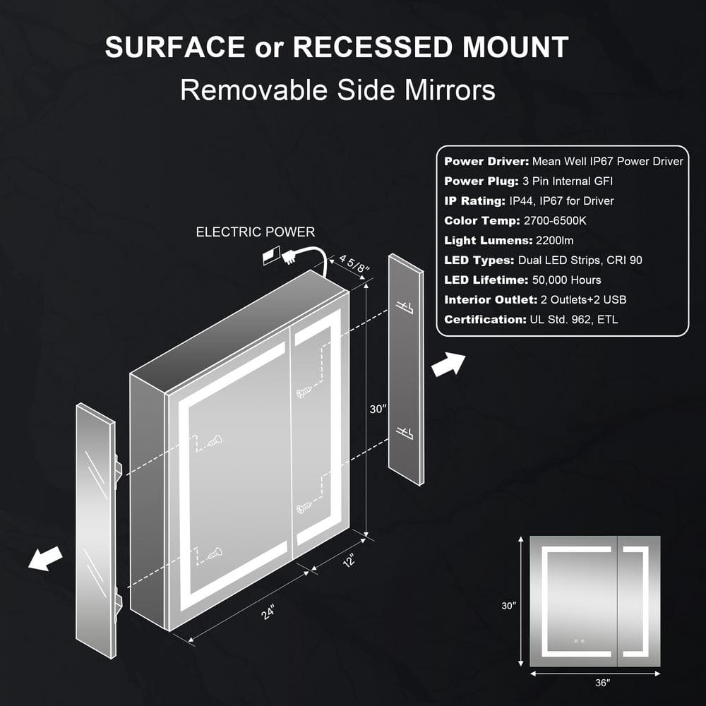 36" x 30" Silver Aluminum LED Medicine Cabinet with Mirror