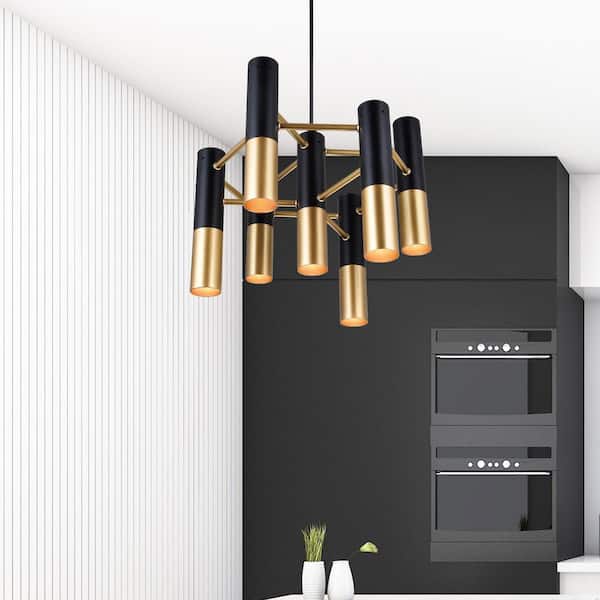 Anem 7 Light Down Chandelier With Matte Black & Satin Gold Finish