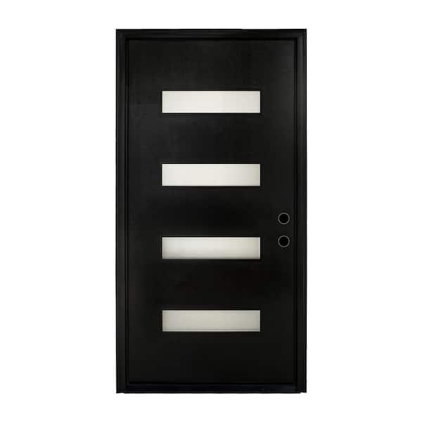 36 in. x 80 in. Left-Hand 4 Lite Frosted Glass Finish Black Fiberglass Prehung Front Door with Hinges, Threshold