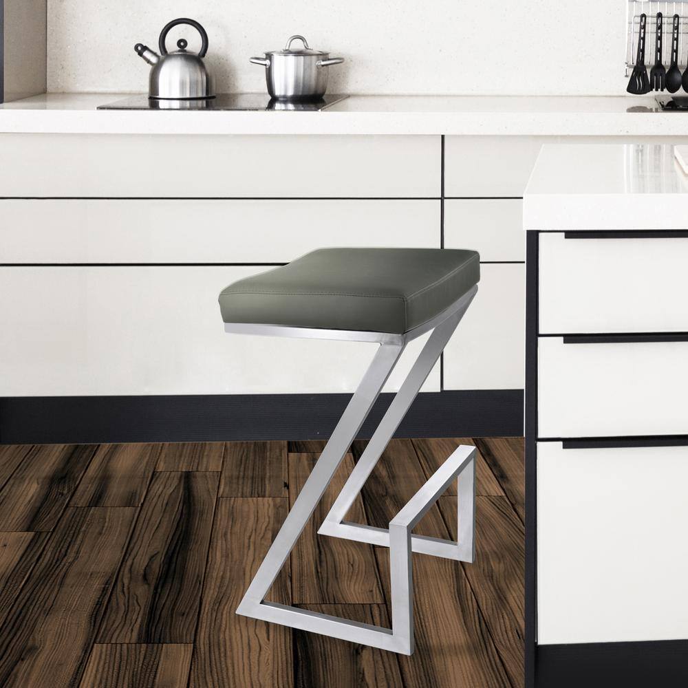 Atlantis 26 in. Backless Bar Stool in Brushed Stainless Steel with Grey Pu 