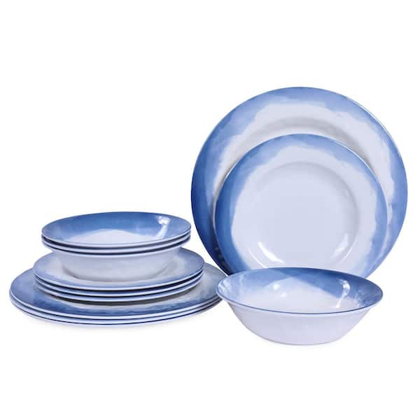 12-Piece Blue Melamine Dinnerware Sets (Service for 4), 100% BPA Free, Lighter Weight, Toxin-Free and Odor-Free