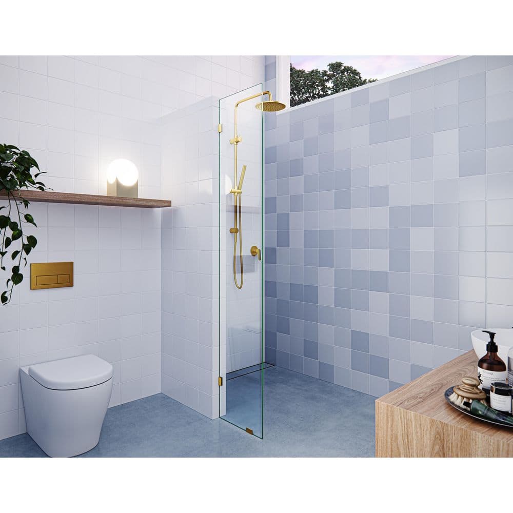 Vela 11.5 in. W x 78 in. H Single Fixed Panel Frameless Shower Door in Satin Brass price history on PriceWatchPro