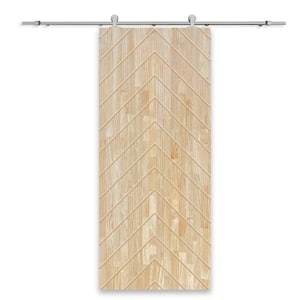 Herringbone 36 in. x 96 in. Fully Assembled Natural Pine Wood Unfinished Modern Sliding Barn Door with Hardware Kit