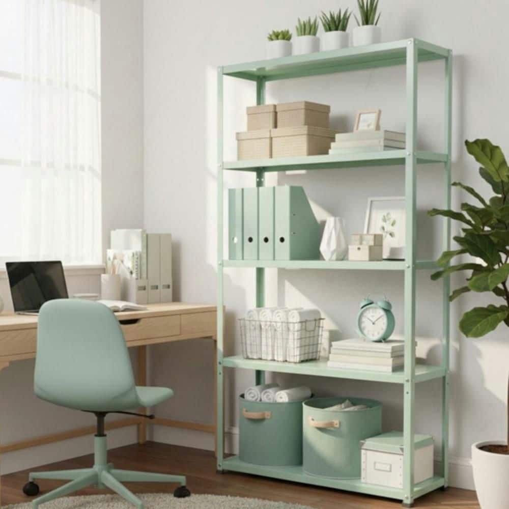 5-Tier Powder-Coated Metal Decorative Household Storage Shelving Unit in Light Green (36 in. W x 69 in. H x 12 in. D)