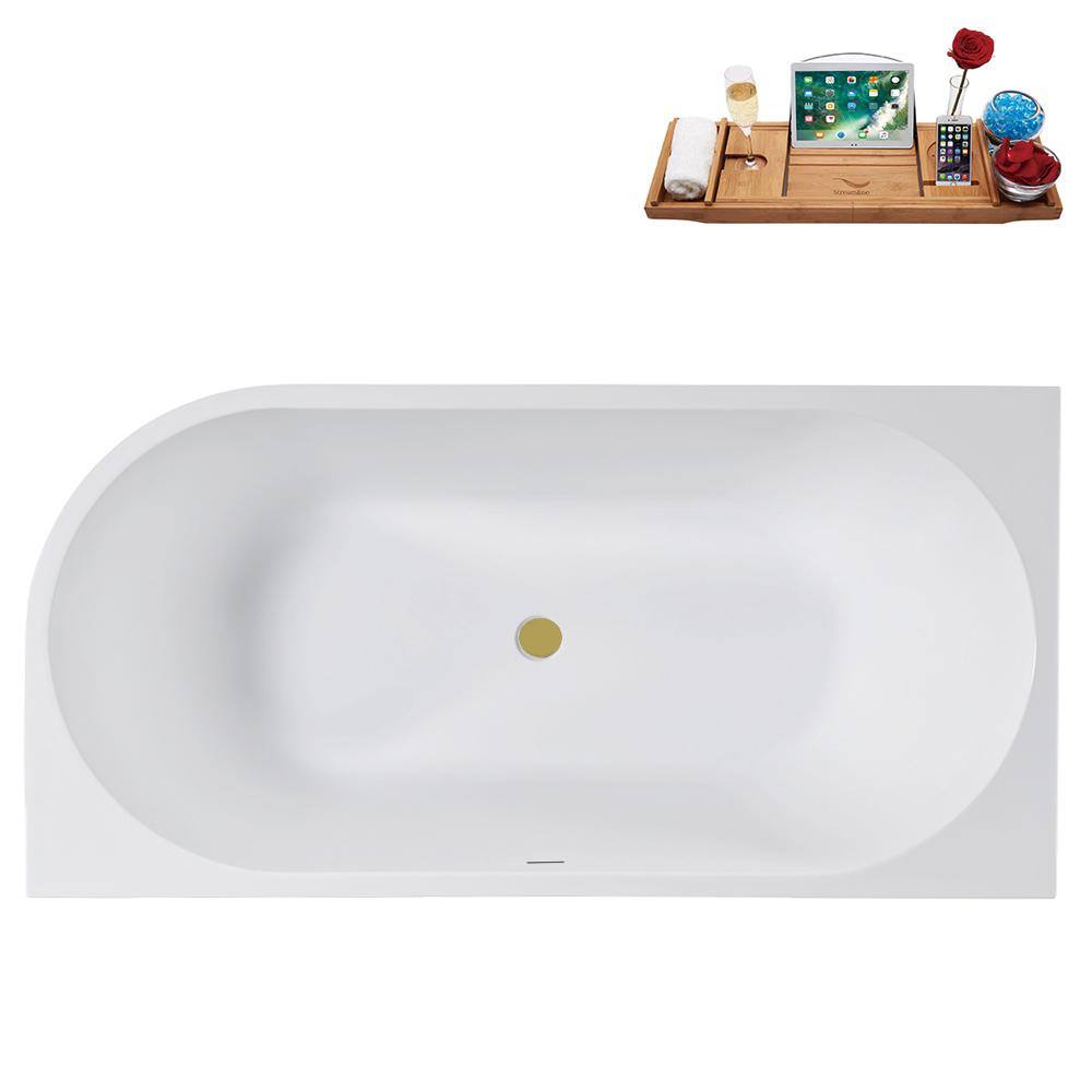 67" Glossy White Acrylic Freestanding Tub with Brushed Gold Trim