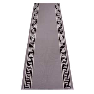 Meander Greek Key Design Gray Color 22 in. Width x 32 ft. Your Choice Length Slip-Resistant Stair Runner