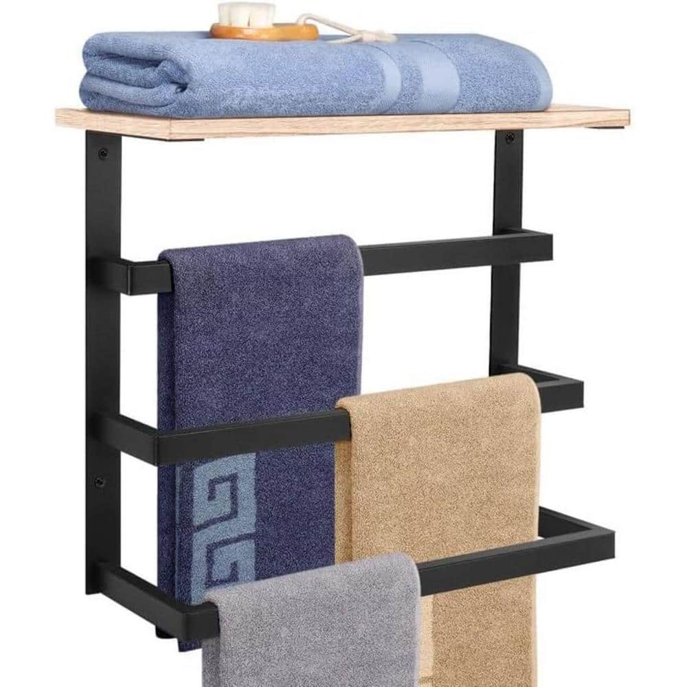 Matte Black Wall Mounted 3-Tier Towel Rack with Wood Shelf