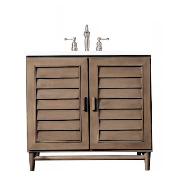 James Martin Vanities Portland 36.0 in. W x 23.5 in. D x 34.3 in. H Bathroom Vanity in Whitewashed Walnut with White Zeus Quartz Top