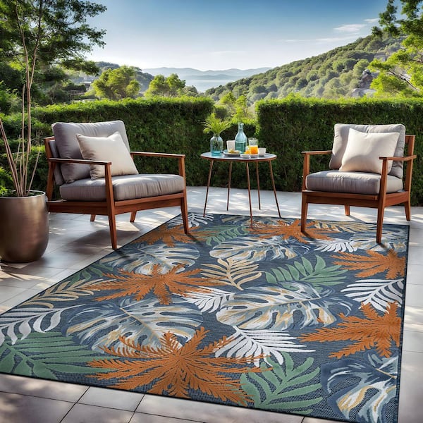 Jungle Midnight 9 ft. x 12 ft. Washable Tropical Floral Indoor