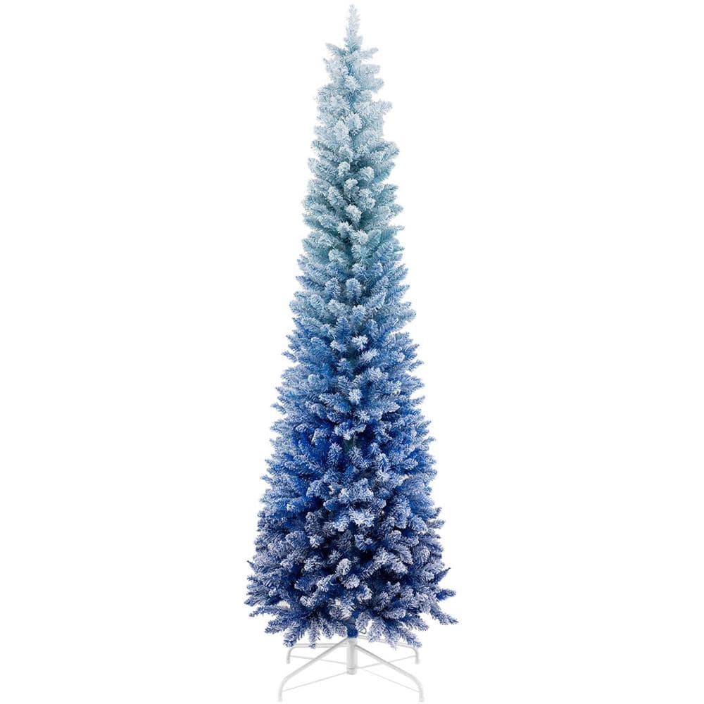 Costway 7 ft. Blue Unlit Gradient Snow Flocked Artificial