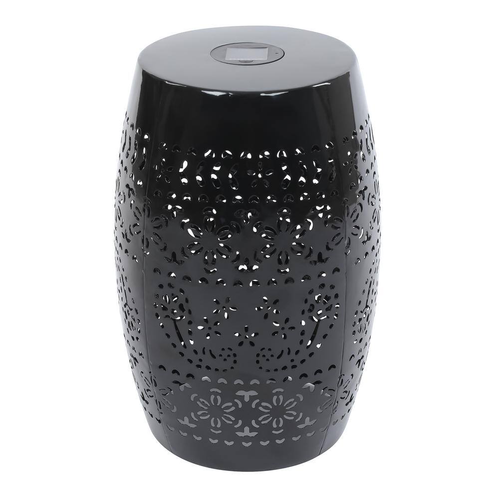 Black Round Outdoor Side Table Solar End Table with Solar Powered Light