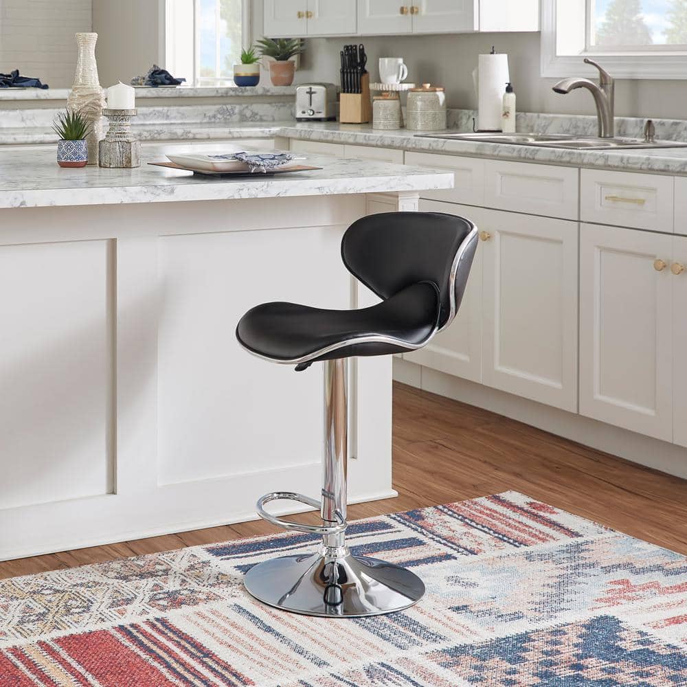 Adjustable Swivel Bar Stool in Black Faux Leather and Chrome
