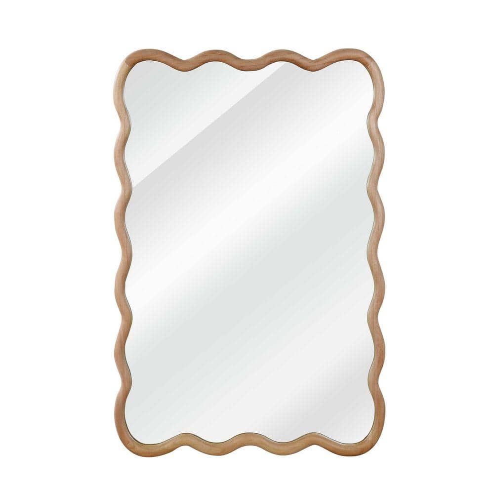 Natural Wood 24 in W x 36 in. H Wavy Rectangle Solid Wood Decorative Mirror For Bedroom, Bathroom, Living Room