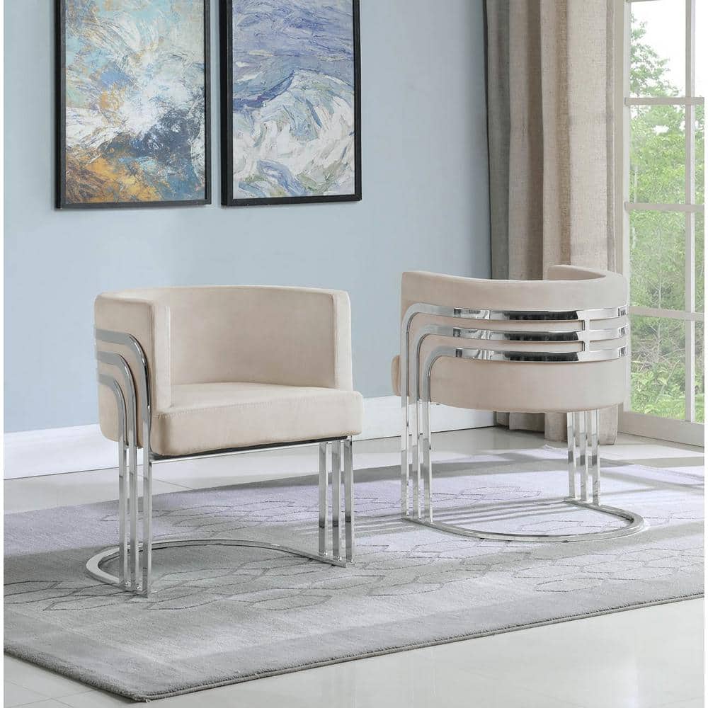Beige Velvet Barrel Accent Chair with Metal Frame