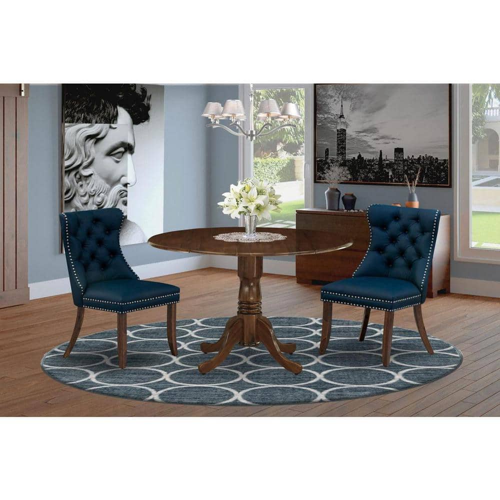 Antique Walnut Round Rubberwood Dining Table with Dropleaf and 2 Navy Blue Faux Leather Chairs