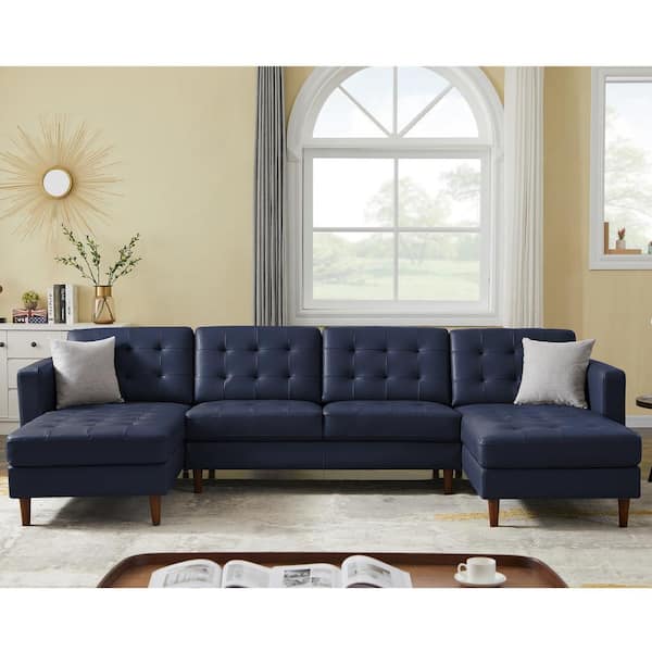 KINWELL 122 in. W Square Arm 3-Piece Faux Leather 6-Seater U Shaped Modern Chaise Sectional Sofa with Pillows in Blue