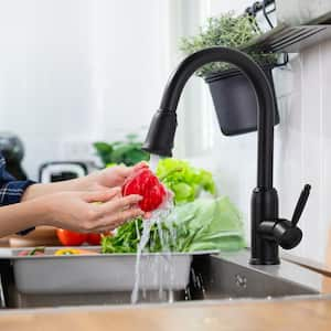 Single Handle Deck Mount Gooseneck Pull Down Sprayer Kitchen Faucet with Deckplate Included in Matte Black