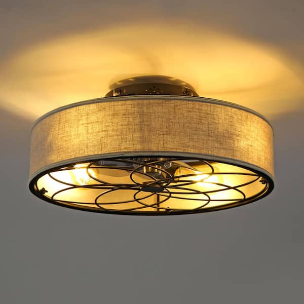 20 in. Fabric Farmhouse Bladeless Ceiling Fan with Remote 4-Light Brown Universal LED Compatible Ceiling Fan Light Kit