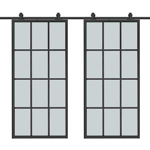 72 in. x 84 in. 12-Lite Frosted Glass Black Aluminum Frame Interior Double Sliding Barn Door with Hardware Kit