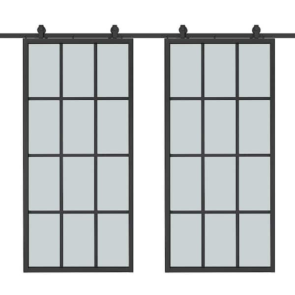 CALHOME 72 in. x 84 in. 12-Lite Frosted Glass Black Aluminum Frame Interior Double Sliding Barn Door with Hardware Kit