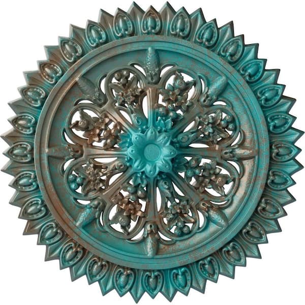 Ekena Millwork 3-1/4 in. x 24-3/4 in. x 24-3/4 in. Polyurethane Lariah Ceiling Medallion, Copper Green Patina