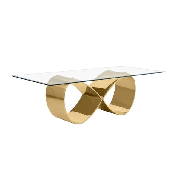 Best Quality Furniture Celia Clear Glass Top 46 in W. Double Pedestal Gold Base Dining Table Seating Capacity of 8
