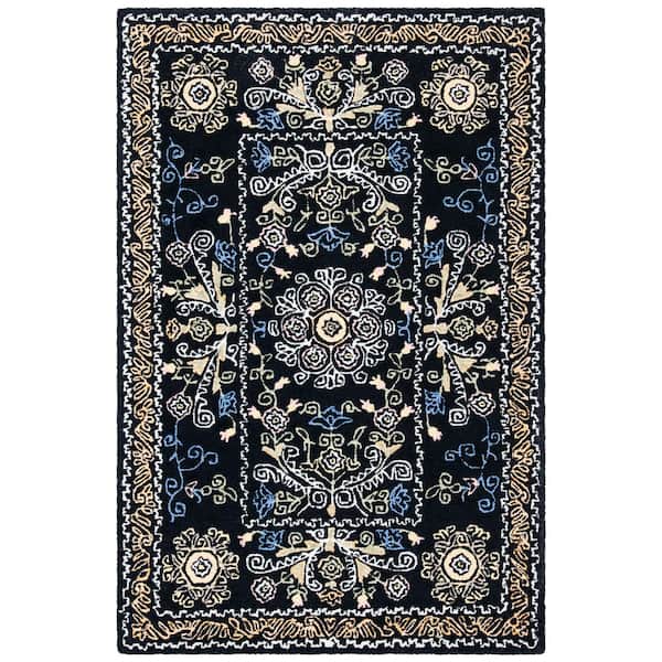 SAFAVIEH Micro-Loop Black/Green Doormat 3 ft. x 5 ft. Floral Border Area Rug