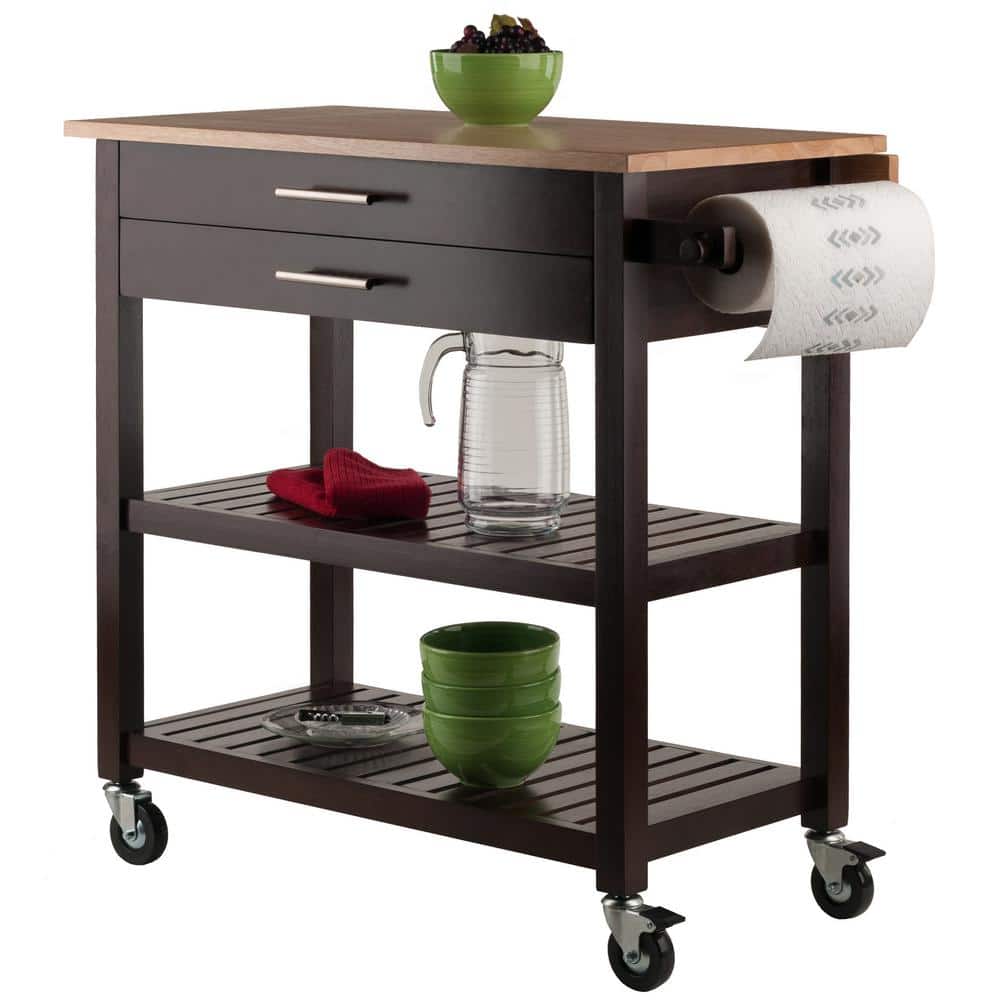 Brown Wood Drop Leaf Kitchen Cart with Storage